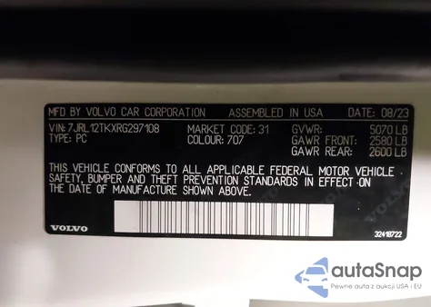 2024 Volvo S60 B5 Core Dark Theme z USA, uszkodzony, nr VIN 7JRL12TKXRG297108
